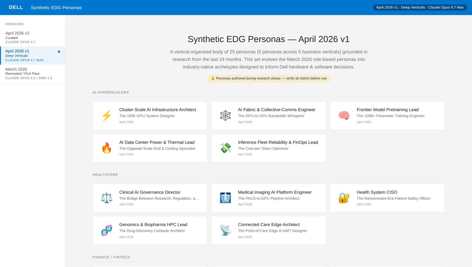 Synthetic EDG Personas landing page - 25 personas organized across 5 business verticals