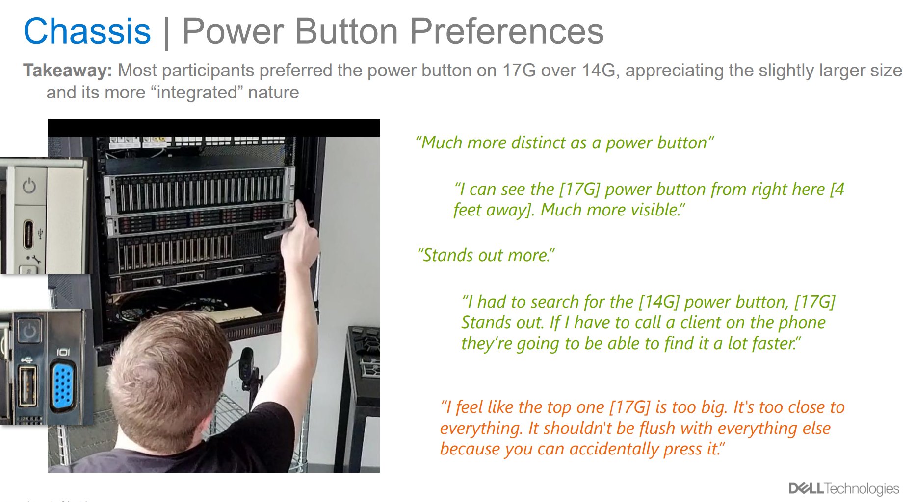 Power button preferences page with IT pro pointing at a server rack, alongside quoted participant feedback in green and orange