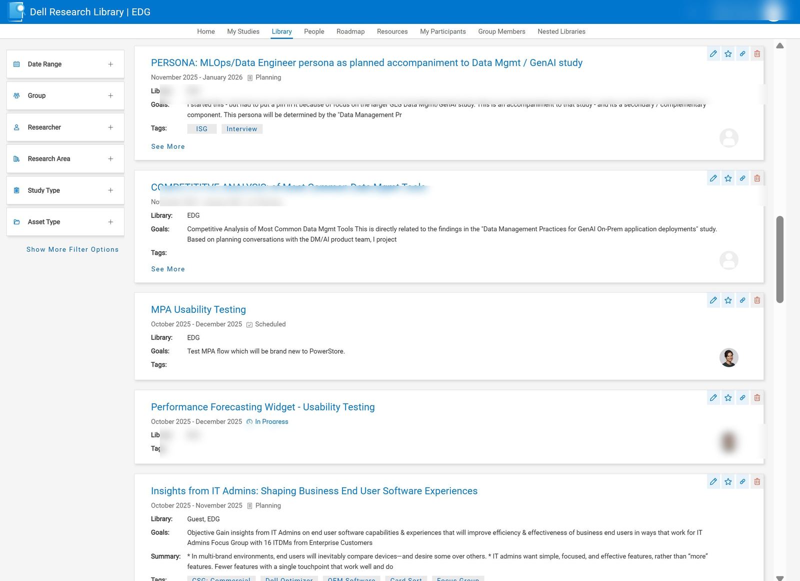 Shipped product library view showing study cards with goals and metadata