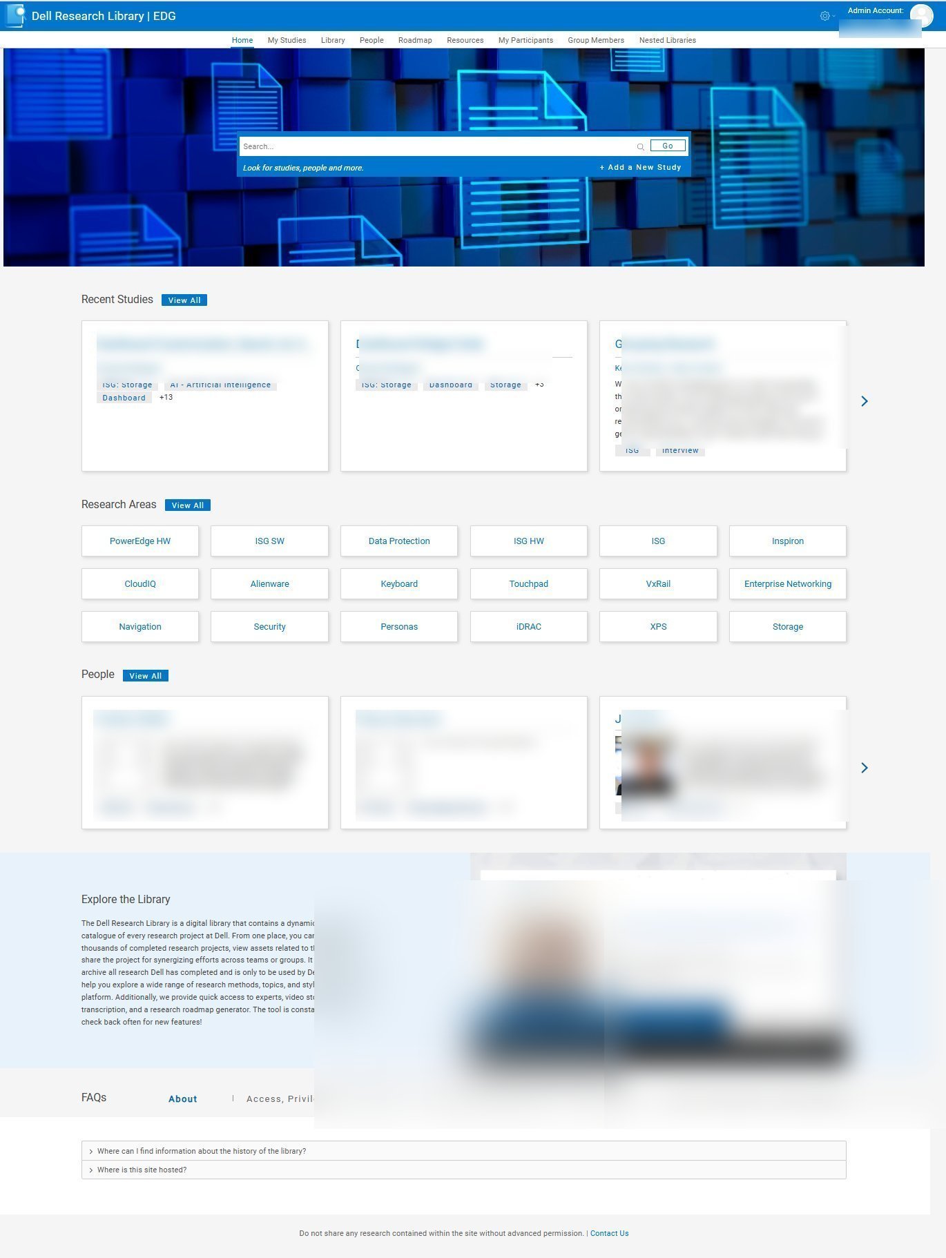 Research Library home page showing search, recent studies, research areas taxonomy, and people directory