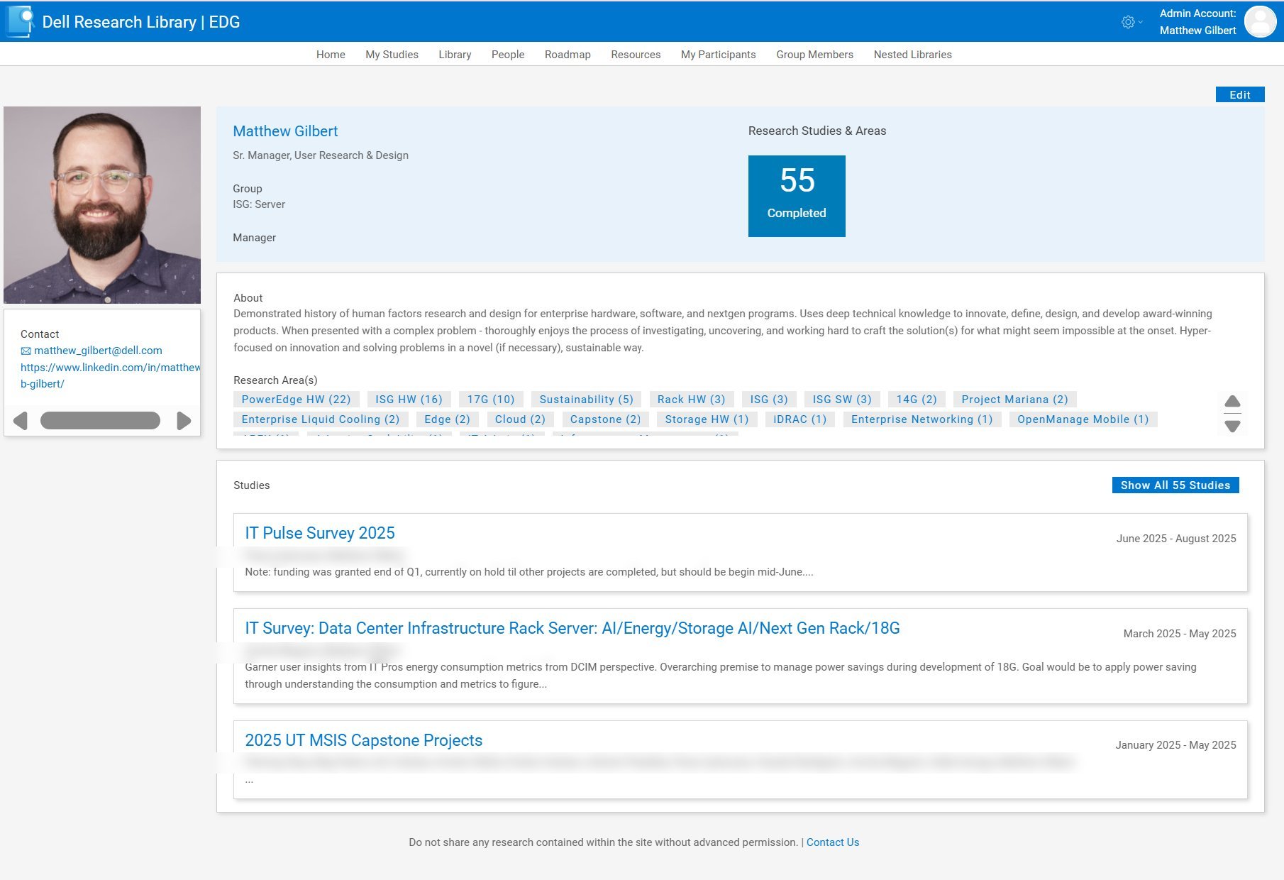 Individual researcher profile page showing photo, role, bio, research areas pills, and full study history with collaborators. Collaborator names blurred.