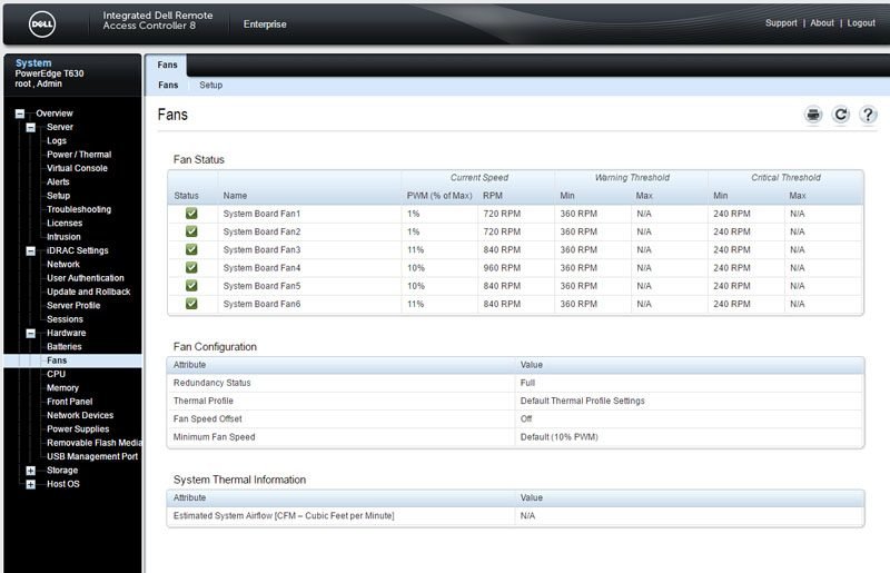 iDRAC8 Fans sub-page with deep sidebar accordion